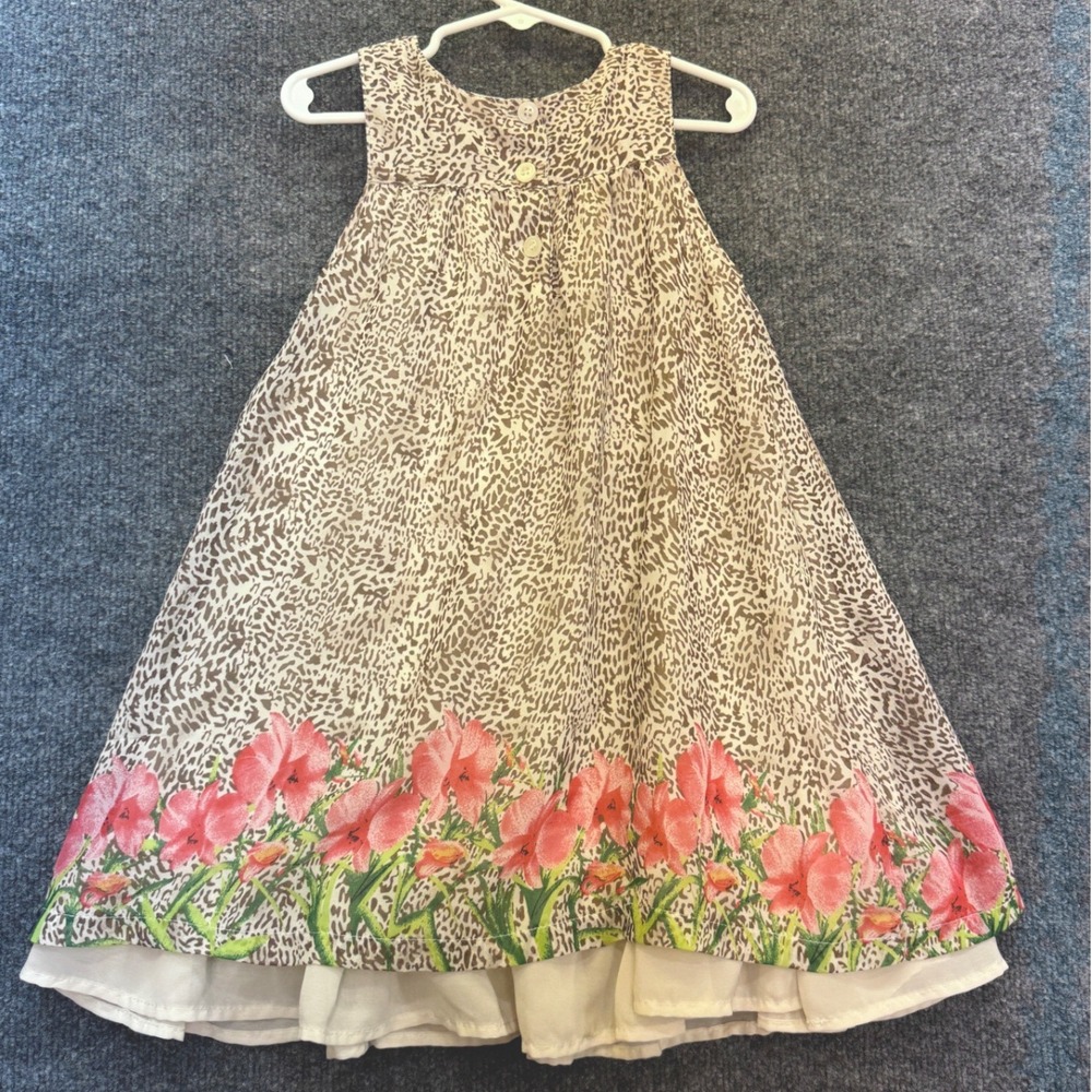 Blueberi Boulevard Sleeveless Dress Kids Size 5 Tan Leopard Floral Rosette Hem - Picture 3 of 5